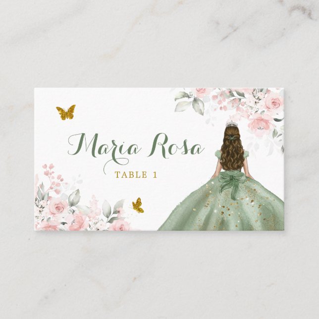 Sage Green Blink Pink BlumenPrinzessin Quinceañera Platzkarte (Vorderseite)