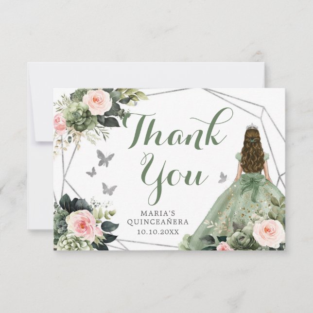 Sage Green Blink Pink Floral Quinceañera Dankeskarte (Vorderseite)