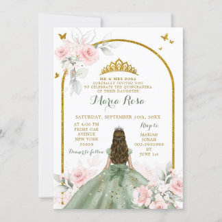 Sage Green Blink Pink Princess Quinceañera Bloral Einladung