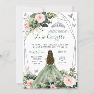 Sage Green Blink Pink Princess Quinceañera Einladung