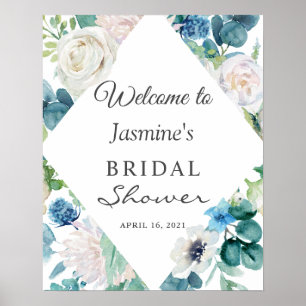 Sage Green Blue White Floral Brautparty Zeichen Poster