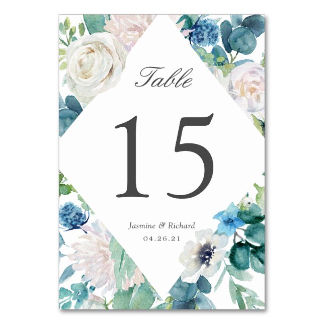 Sage Green Blue White Floral Wedding Tischnummer (Rückseite)
