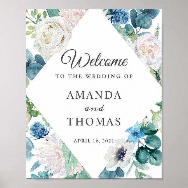 Sage Green Blue White Floral Wedding Willkommensze Poster (Vorne)