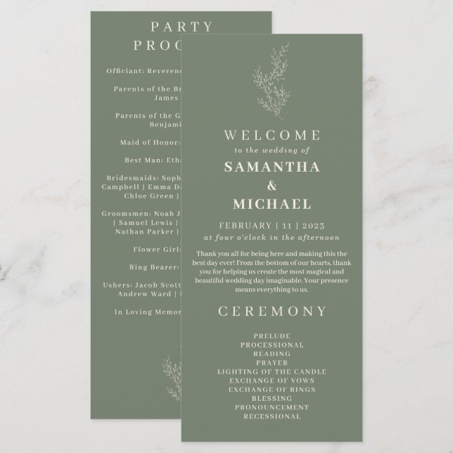 Sage Green Blume Ivy Wedding Program Menükarte (Vorne/Hinten)