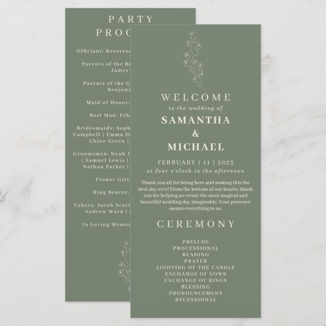 Sage Green Blume Tiny Floral Wedding Program Menükarte (Vorne/Hinten)