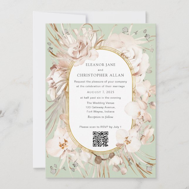 Sage Green Blumengarten Moderne QR Code Hochzeit Einladung (Vorderseite)