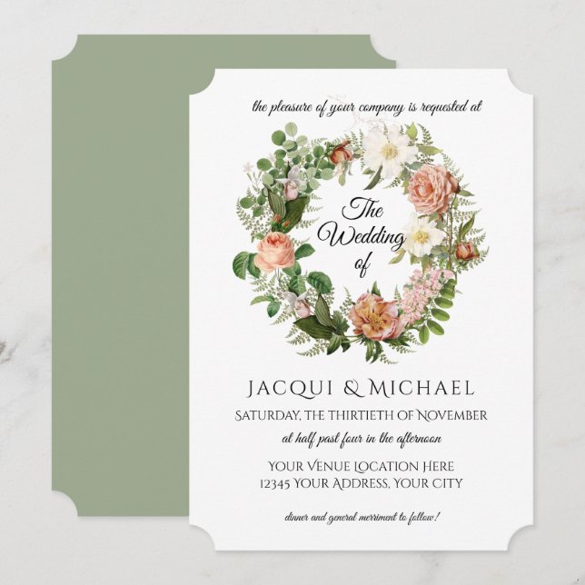 Sage Green Blush Elfenbein Rose w Fern Wreath Wedd Einladung (Vorne/Hinten)