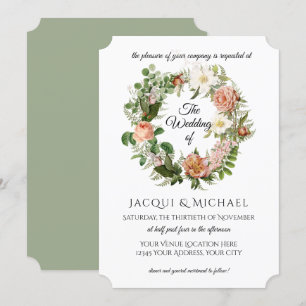 Sage Green Blush Elfenbein Rose w Fern Wreath Wedd Einladung