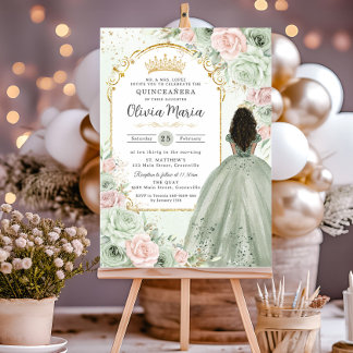 Sage Green Blush Floral Brown Girl Quinceañera Einladung