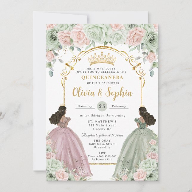 Sage Green Blush Floral Brown Twins Quinceañera  Einladung (Vorderseite)