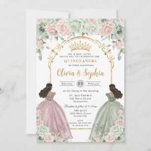 Sage Green Blush Floral Brown Twins Quinceañera  Einladung