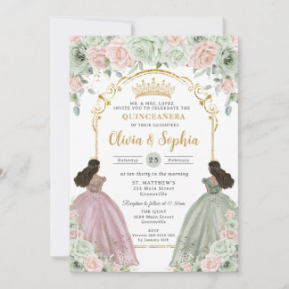 Sage Green Blush Floral Brown Twins Quinceañera Einladung