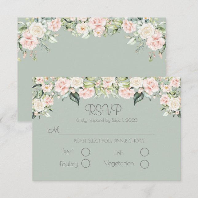 Sage Green Blush Floral Elegantes Hochzeitssemble  RSVP Karte (Vorne/Hinten)