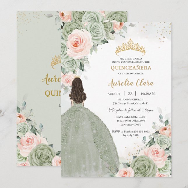 Sage Green Blush Floral Gold Quinceñera Sweet 16 Einladung (Vorne/Hinten)
