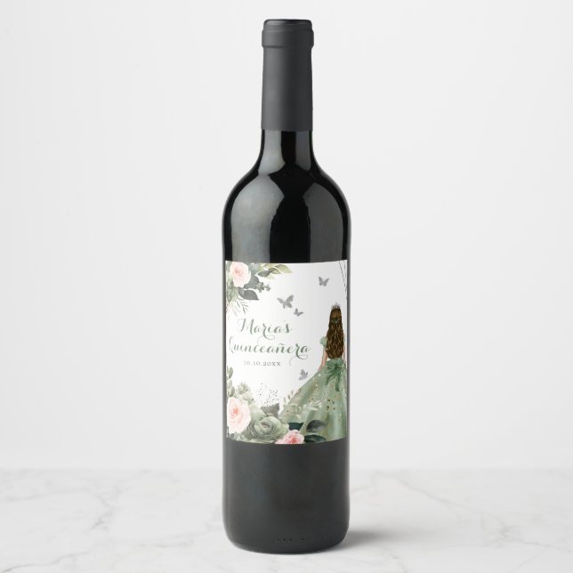 Sage Green Blush Floral Princess XV Años Weinetikett (Vorderseite)