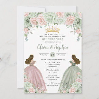 Sage Green Blush Floral Twin Girls Quinceañera Einladung