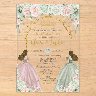 Sage Green Blush Floral Twins Gold Quinceañera Acryleinladungen