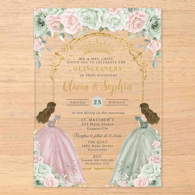 Sage Green Blush Floral Twins Gold Quinceañera Acryleinladungen (Vorderseite)