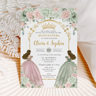 Sage Green Blush Floral Twins Gold Quinceañera Einladung