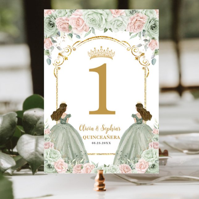 Sage Green Blush Floral Twins Quinceanera Geburtst Tischnummer (Von Creator hochgeladen)