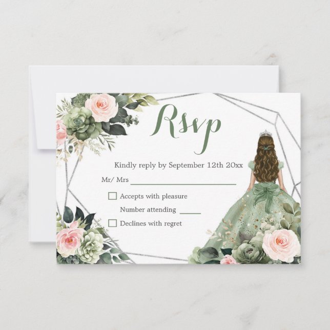 Sage Green Blush Geometric Princess Quinceañera RSVP Karte (Vorderseite)