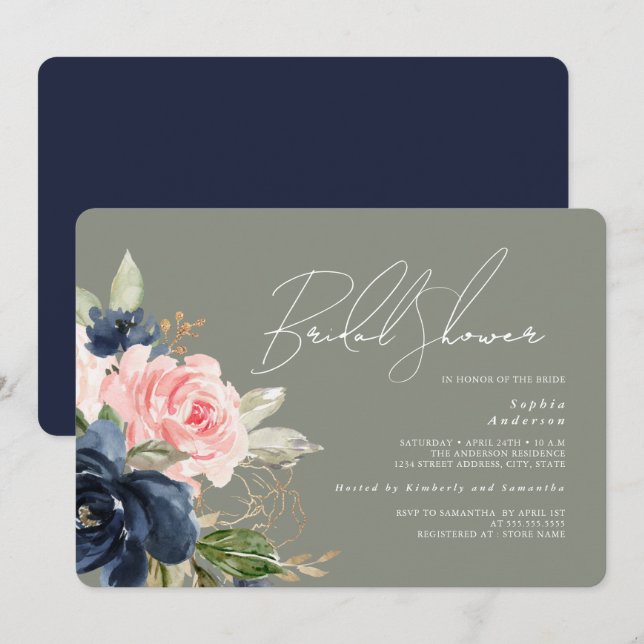 Sage Green Blush Navy Brautparty Einladung (Vorne/Hinten)