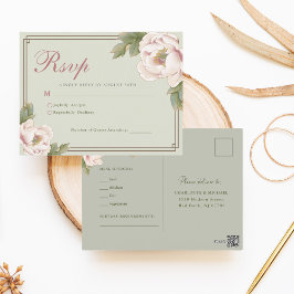 Sage Green & Blush Peony Floral Wedding RSVP Postkarte