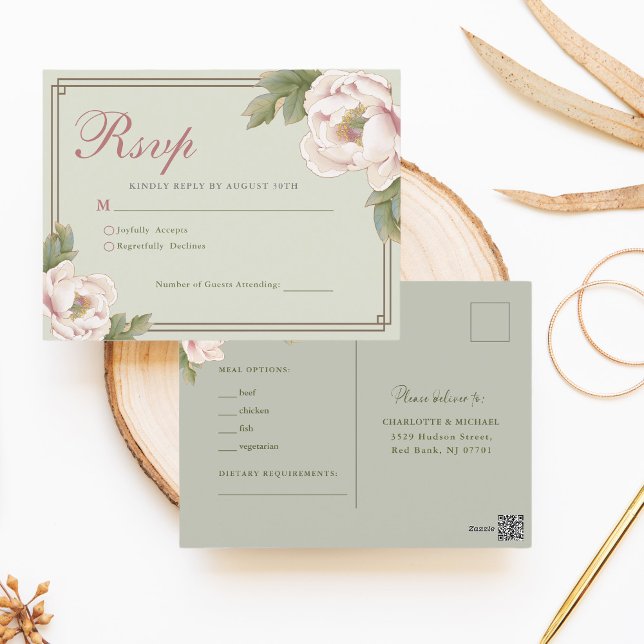 Sage Green & Blush Peony Floral Wedding RSVP Postkarte (Von Creator hochgeladen)
