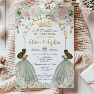 Sage Green Blush Pink Floral Twins Quinceañera Einladung