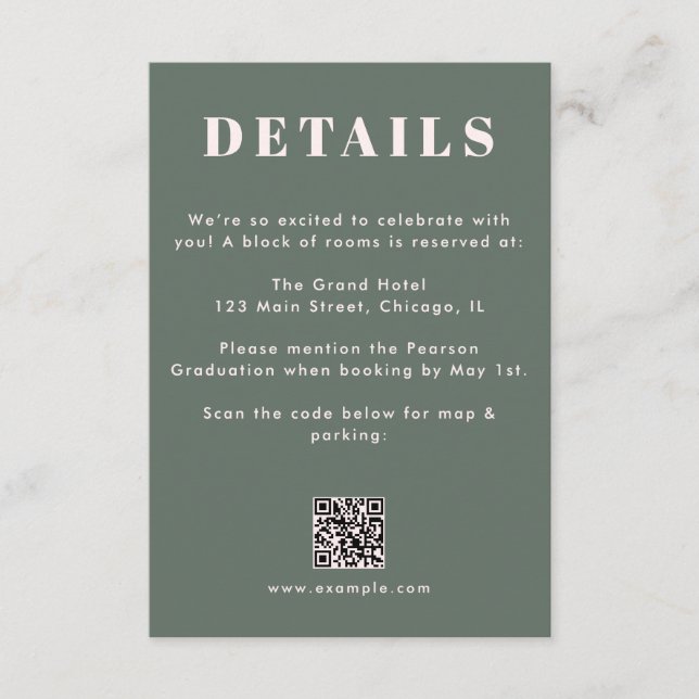 Sage Green Blush Pink Graduation QR Code Details Begleitkarte (Vorderseite)