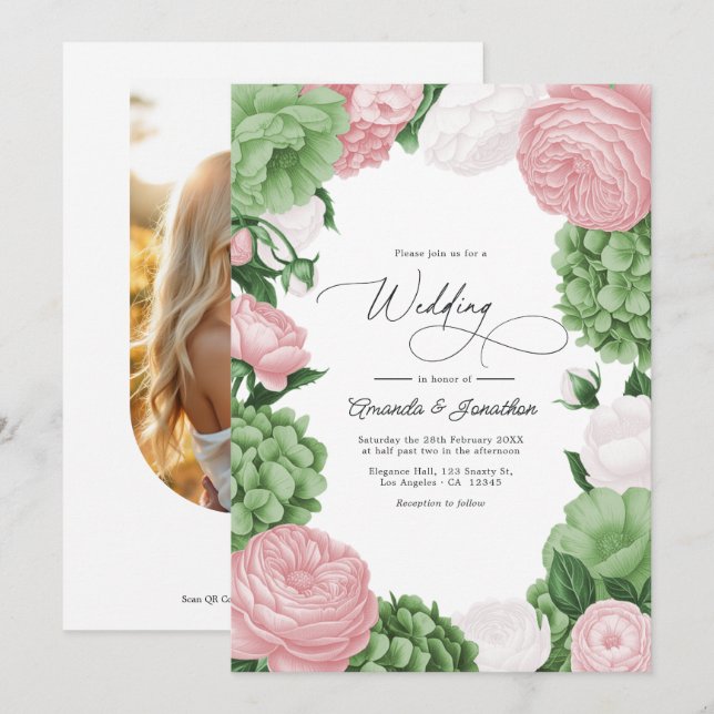 Sage Green, Blush & White Floral Wedding Einladung (Vorne/Hinten)