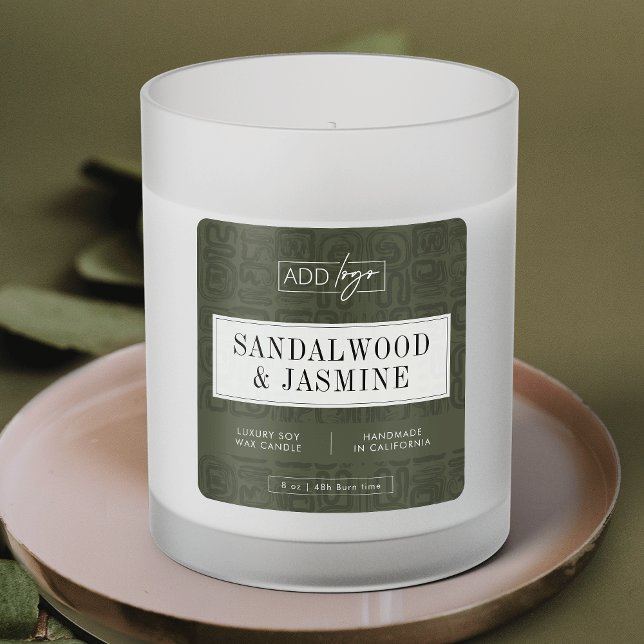 Sage Green Bohemian Pattern Candle Jar Product Quadratischer Aufkleber (Neutral boho sage green business logo square product label design)