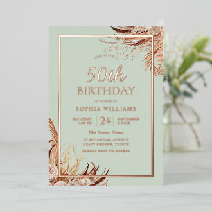 Sage Green Boho 50. Geburtstagsparty Real Rose Gol Folieneinladung