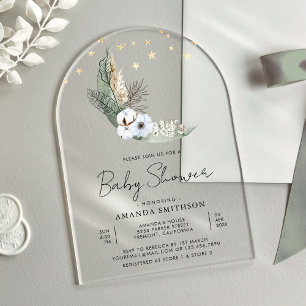 Sage Green Boho Blumenmoon Arch Baby Dusche Acryleinladungen