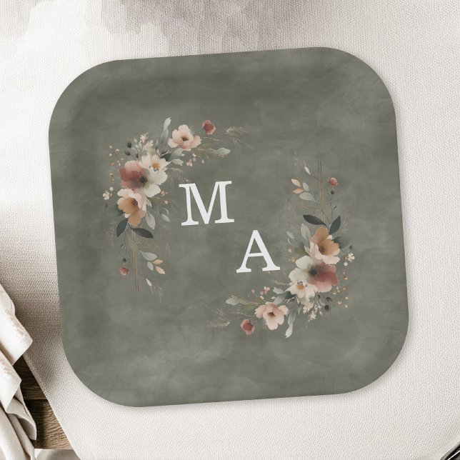 Sage Green Boho Blumenreath Wedding Monogram Pappteller (Decorate your celebration table in elegance with our monogrammed plates in 6 chic hues.)