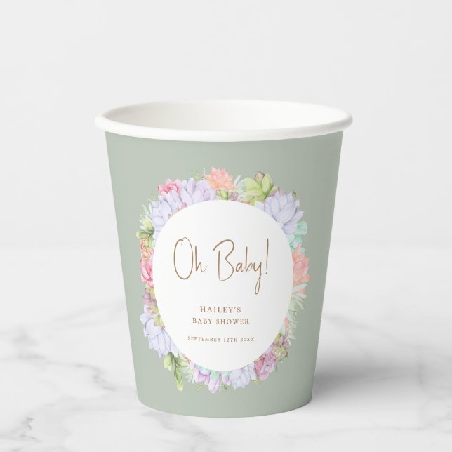Sage Green Boho Cactus Desert Oh Baby Dusche Pappbecher (Vorderseite)