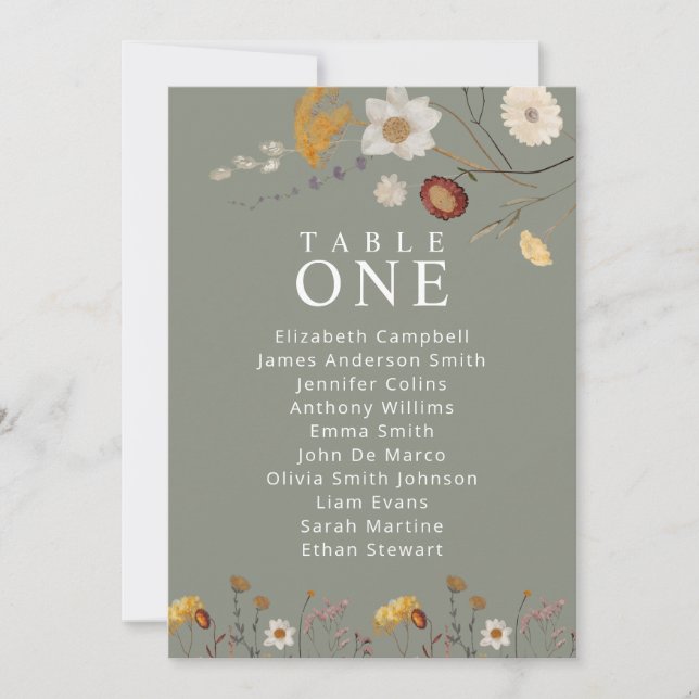 Sage Green Boho Floral Table Sièges Cartes à Chart (Devant)
