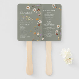 Sage Green Boho Floral Wedding Program Hand Fan Fächer