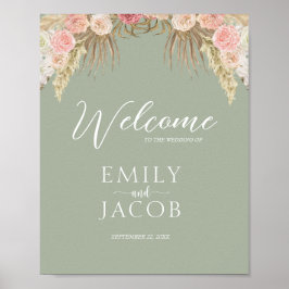 Sage Green Boho Floral Whimsical Wedding Willkomme Poster