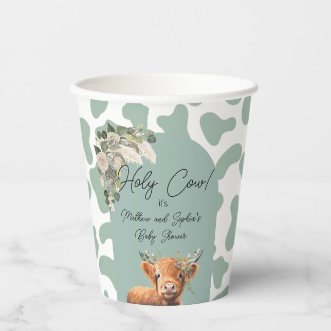 Sage Green Boho Heilige Kuh Farm Baby Dusche Pappbecher (Vorderseite)