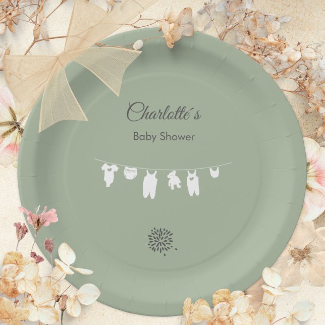 Sage Green Boho Minimalistisch Baby Dusche Pappteller (Sage Green Boho Minimalist Baby Shower Paper Plates ©Susanne Sachers - Sunny Mind 🌞)