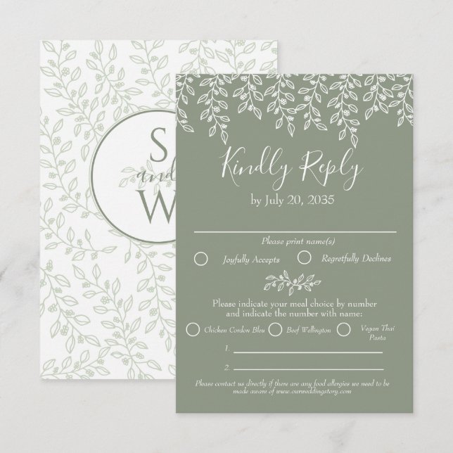Sage Green Boho Moderne Elegante Botanische Hochze RSVP Karte (Vorne/Hinten)
