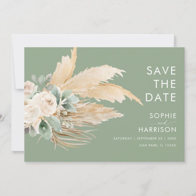 Sage Green Boho Pampas Grass Save the Date Einladung (Vorderseite)