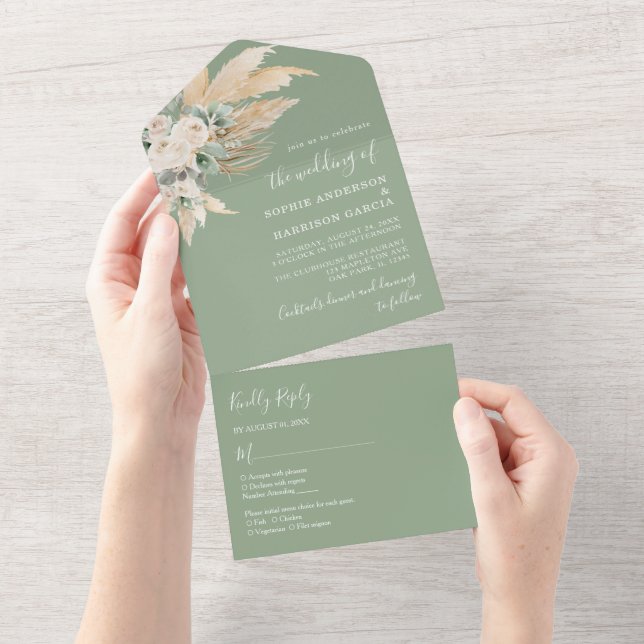 Sage Green Boho Pampas Grass Wedding All In One Einladung (Abreißen)