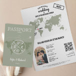 Sage Green Boho Wedding Passport Karte QR Code<br><div class="desc">Modern Boho World Map Einladung Wedding Destination,  wie Pass,  mit Ihrem Monogramm. Fügen Sie Ihren QR-Code hinzu. Farbe des grünen Hintergrunds</div>