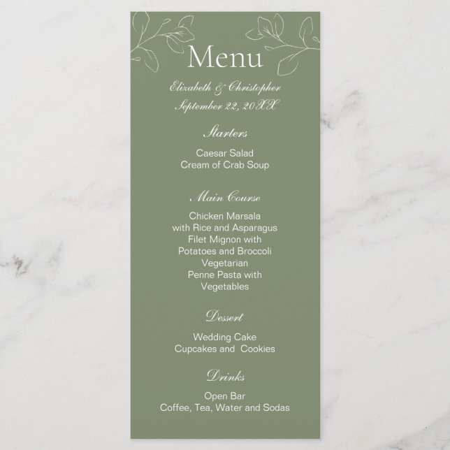 Sage Green Boho White Floral Botanical Wedding Menükarte (Vorderseite)