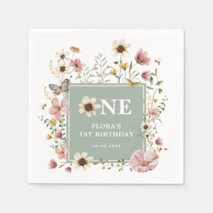 Sage Green Boho Wildblume Girl 1. Geburtstag Party Serviette