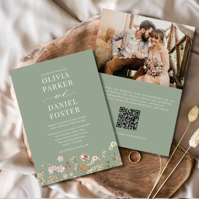 Sage Green Boho Wildblume QR Code Foto Hochzeit Einladung (Von Creator hochgeladen)