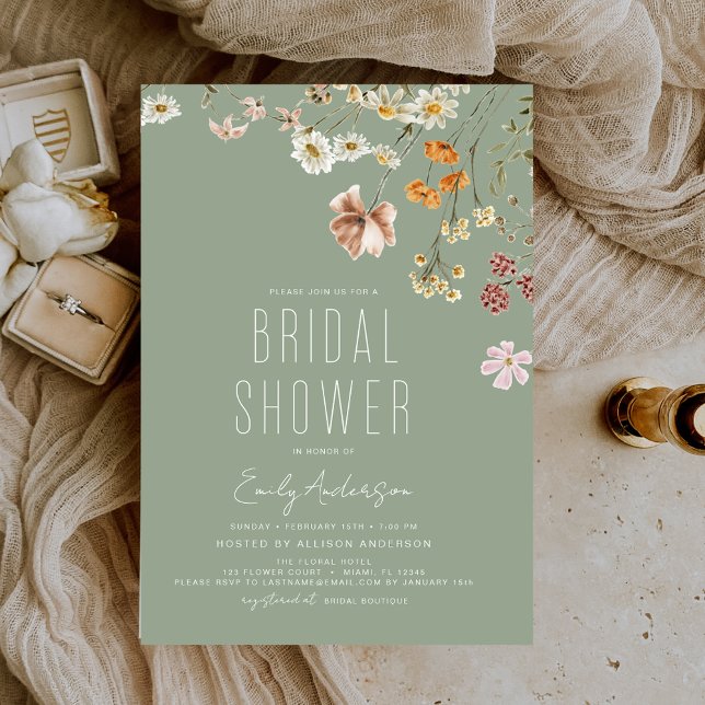 Sage Green Boho Wildflower Bridal Shower Elegant Einladung (Von Creator hochgeladen)