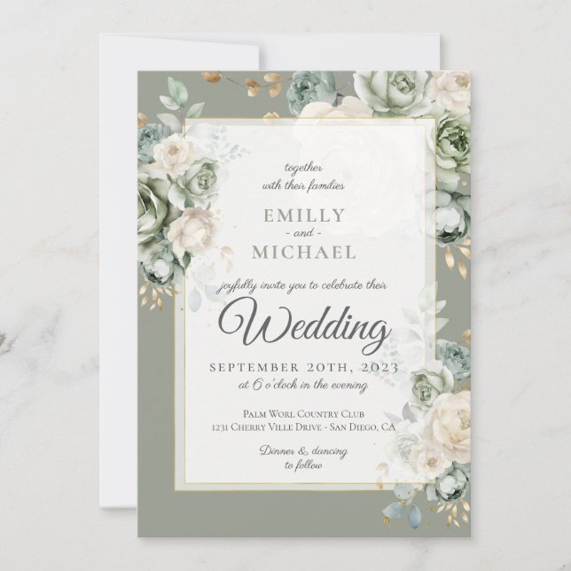 Sage Green Botanical Elegante Hochzeit Einladung (Vorderseite)